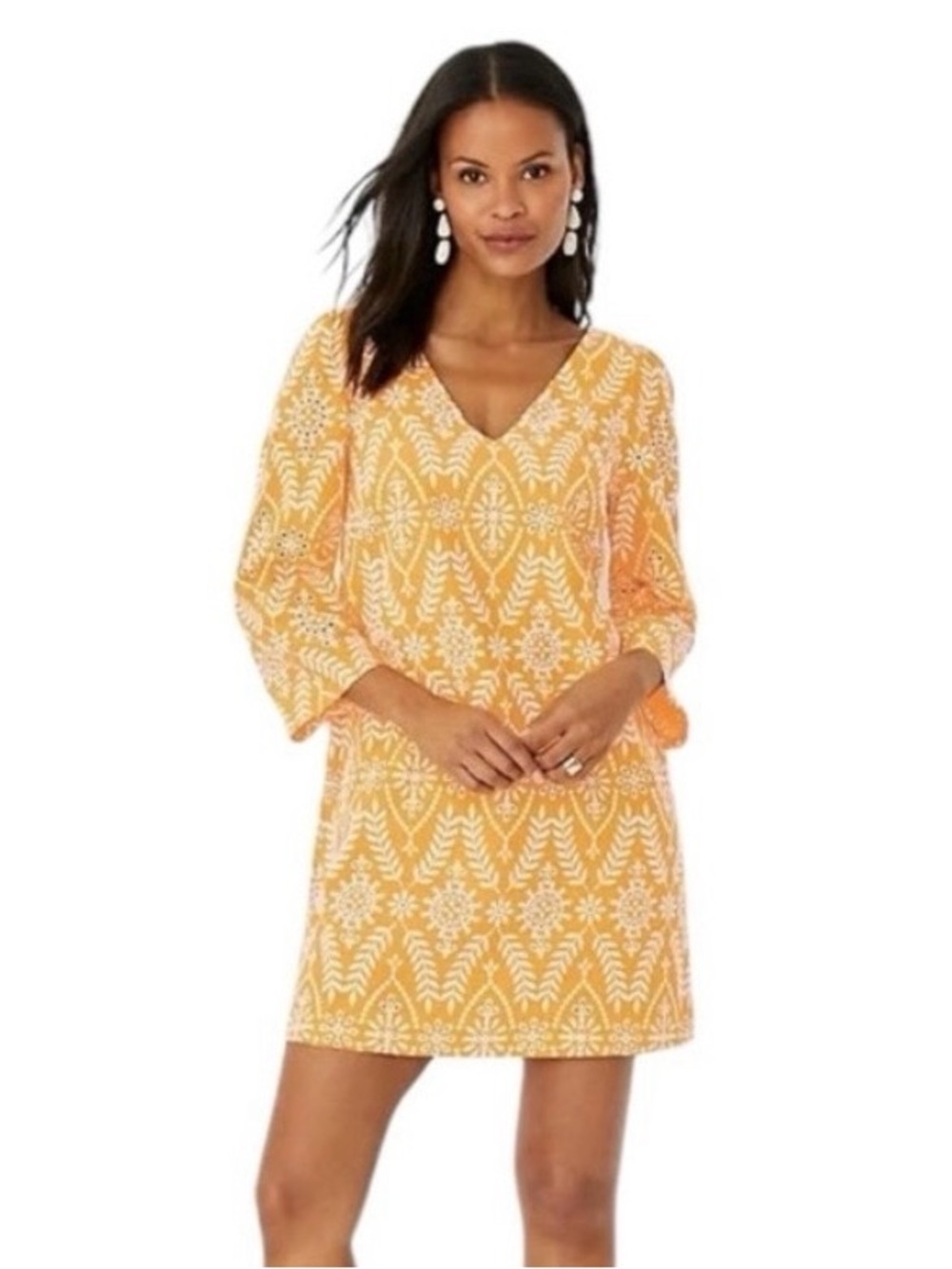 Ann Taylor Floral Embroidered Eyelet Cotton Shift Dress Mustard 3/4 Sleeve XSP